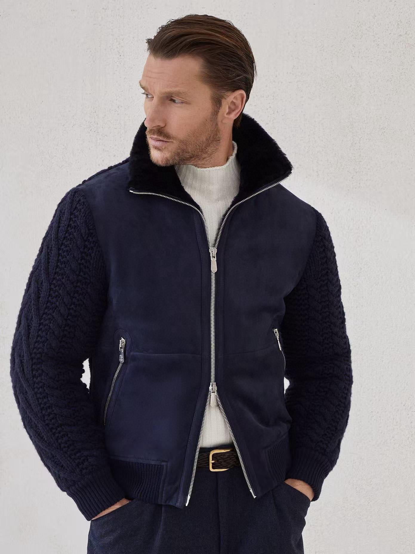 Куртка мужская в стиле Brunello Cucinelli из овчины с вязанными шерстяными рукавами тёмно-синего цвета