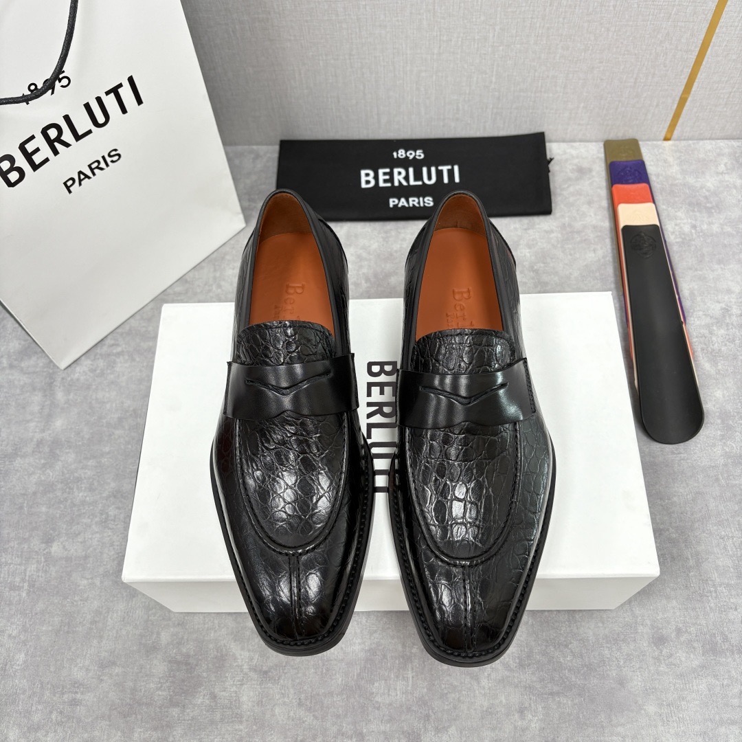Лоферы мужские в стиле Berluti пенни из натуральной кожи черного цвета