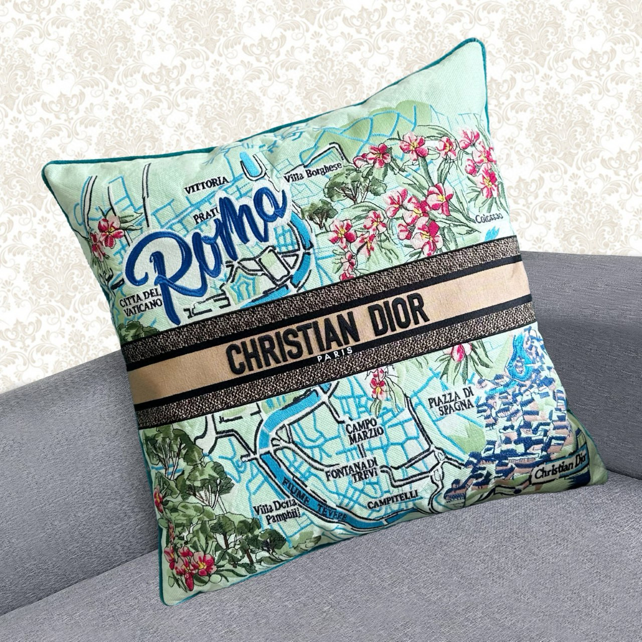 Подушка декоративная в стиле Dior Souvenir Roma с вышивкой и картографическим принтом, 50×50 см