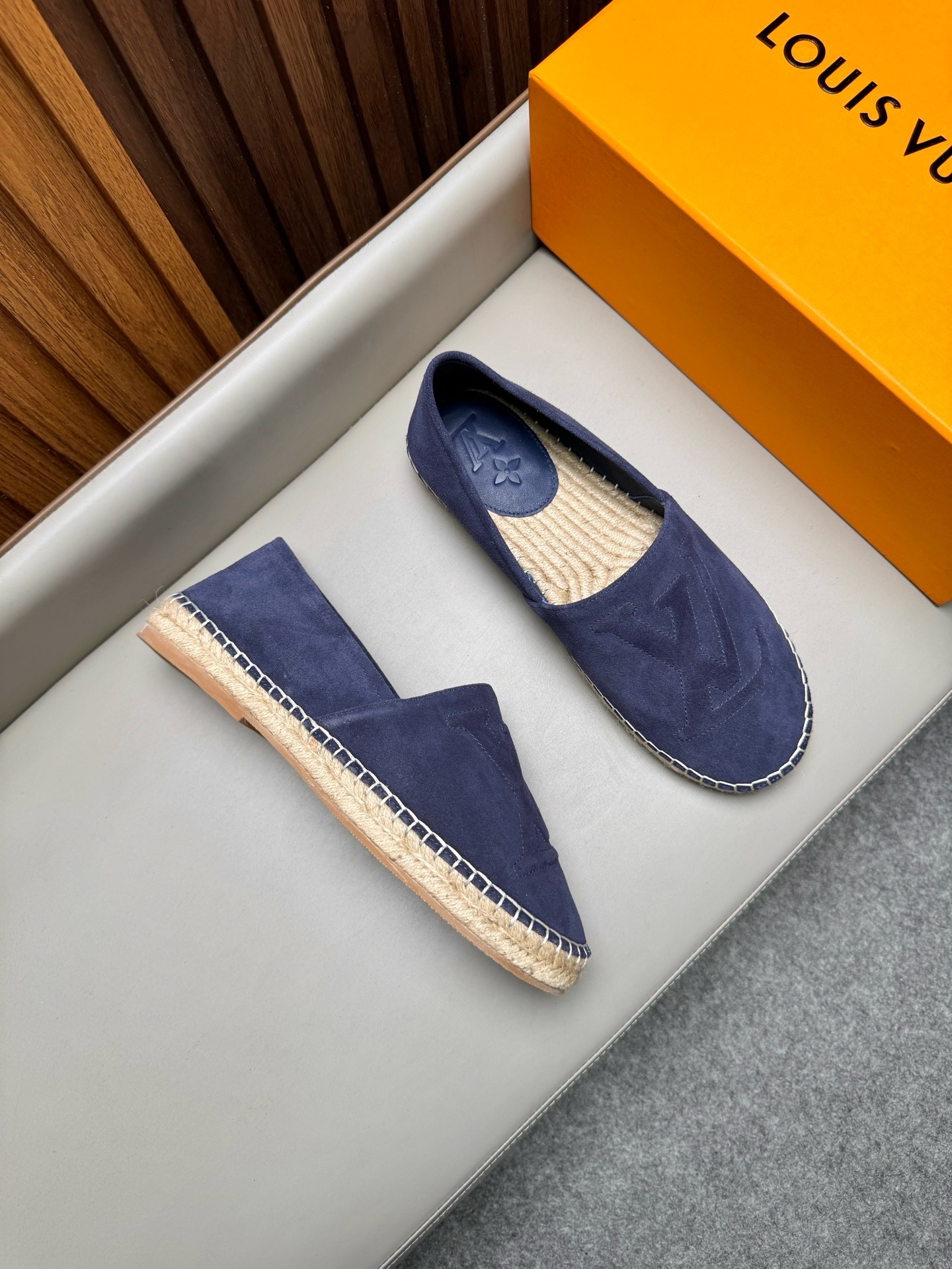 Эспадрильи мужские в стиле Louis Vuitton из натуральной замши тёмно-синего цвета