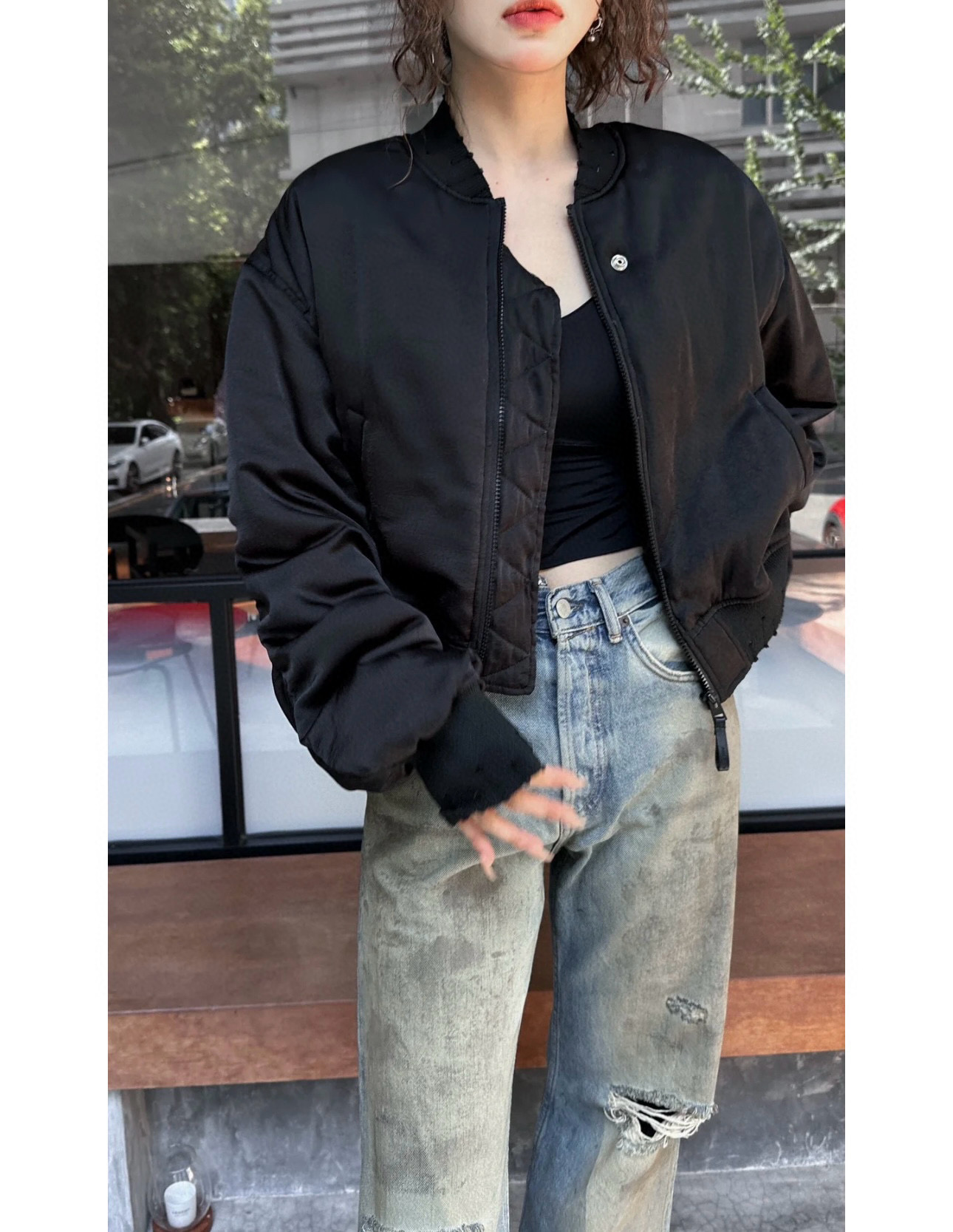 Куртка-бомбер женская в стиле Acne Studios из плотного хлопка премиум-класса, чёрного цвета