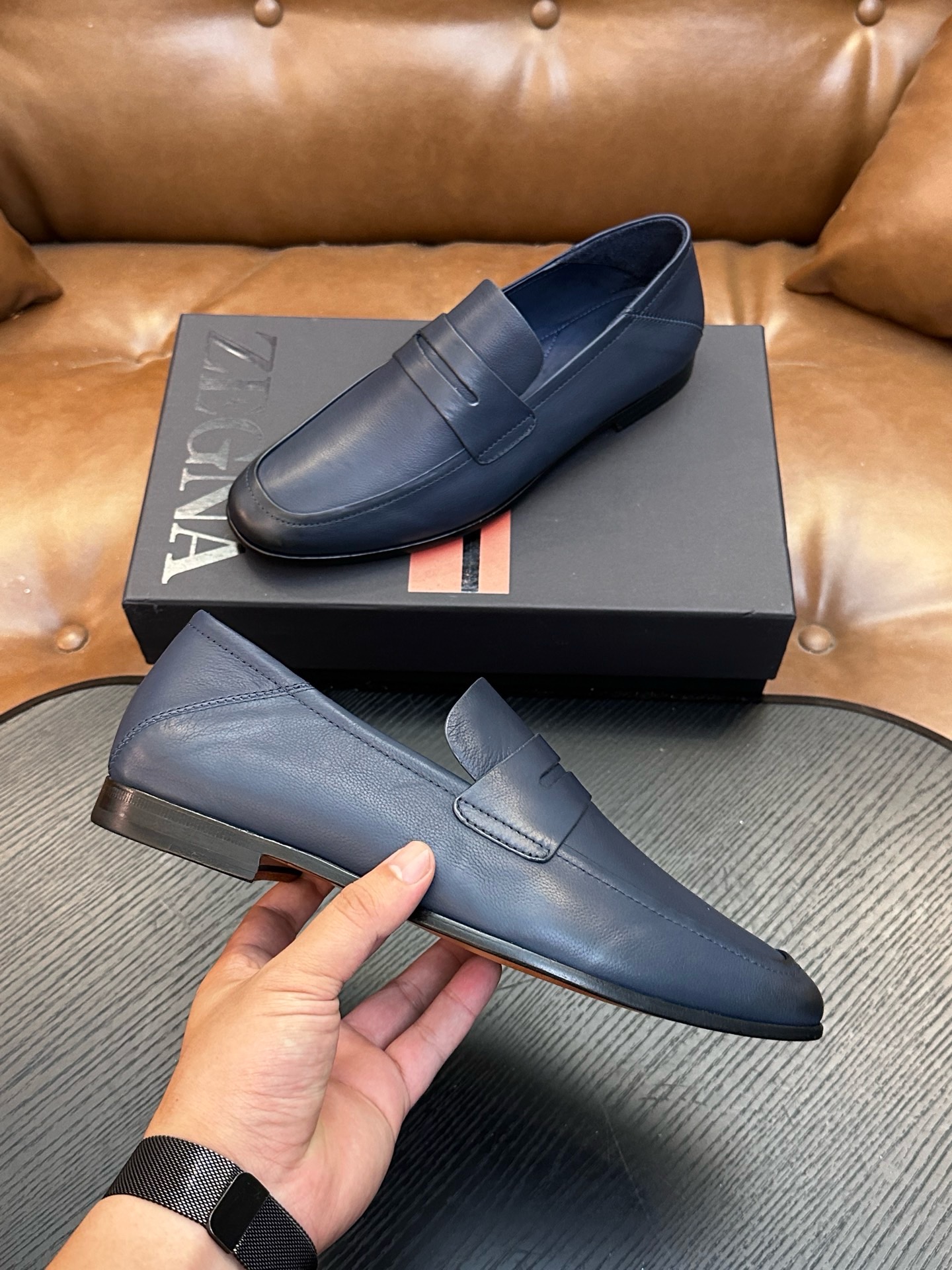 Лоферы мужские в стиле Zegna из натуральной кожи синего цвета