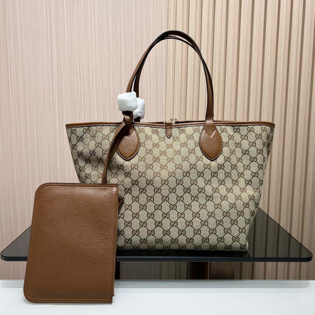 Сумка-шоппер женская в стиле Gucci Totissima из натуральной кожи и фирменного текстиля GG карамельного цвета