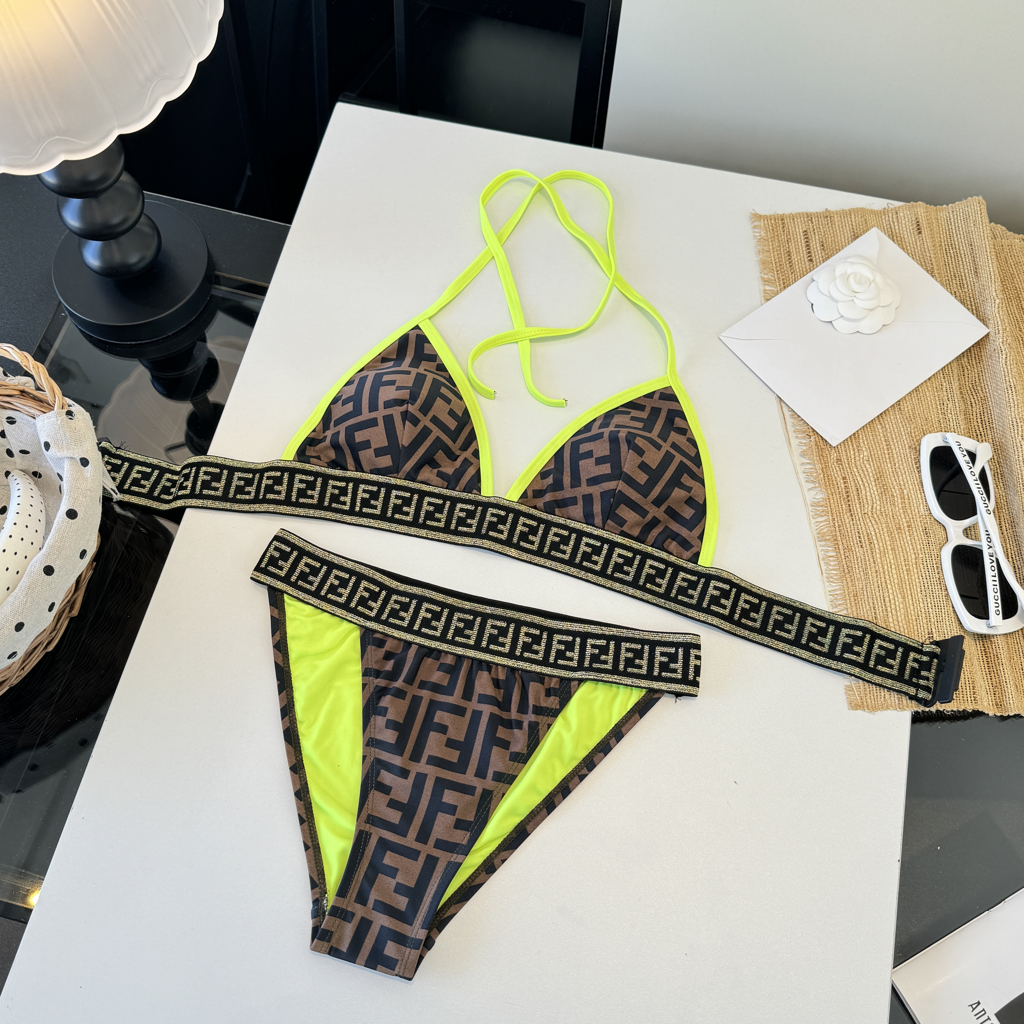 Купальник женский Fendi коричневого цвета с неоновыми вставками
