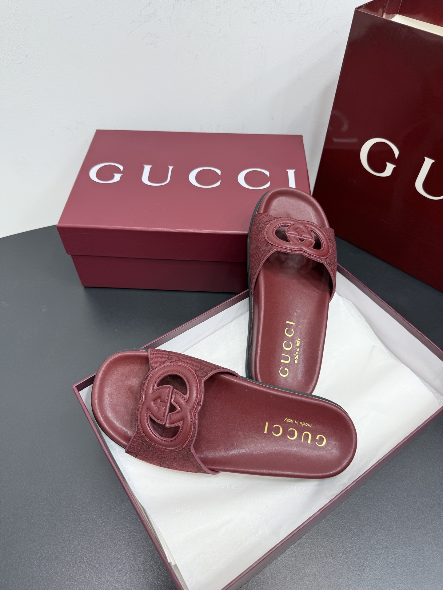 Мюли женские в стиле Gucci GG бордового цвета