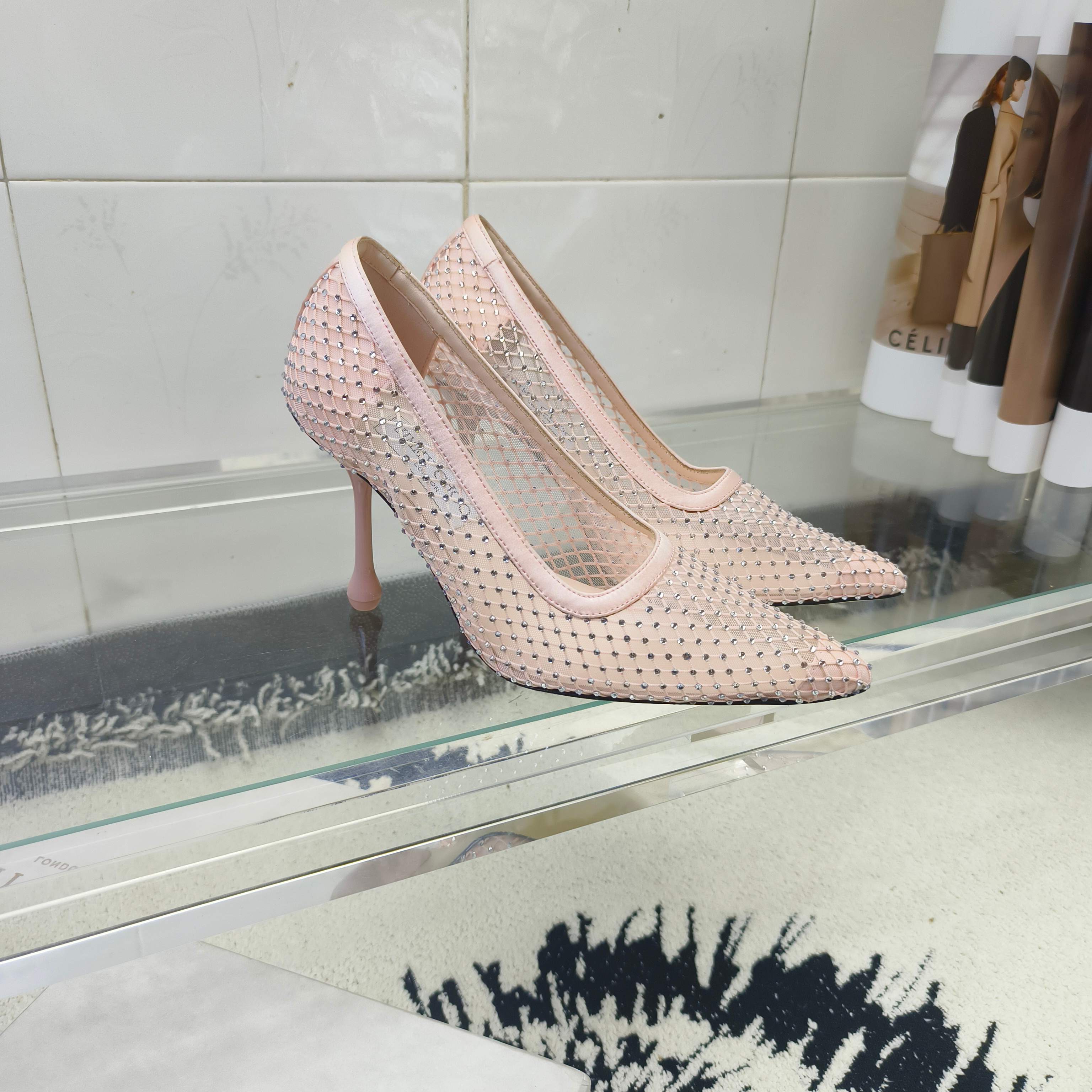 Туфли женские в стиле Jimmy Choo из текстиля с кристаллами розового цвета