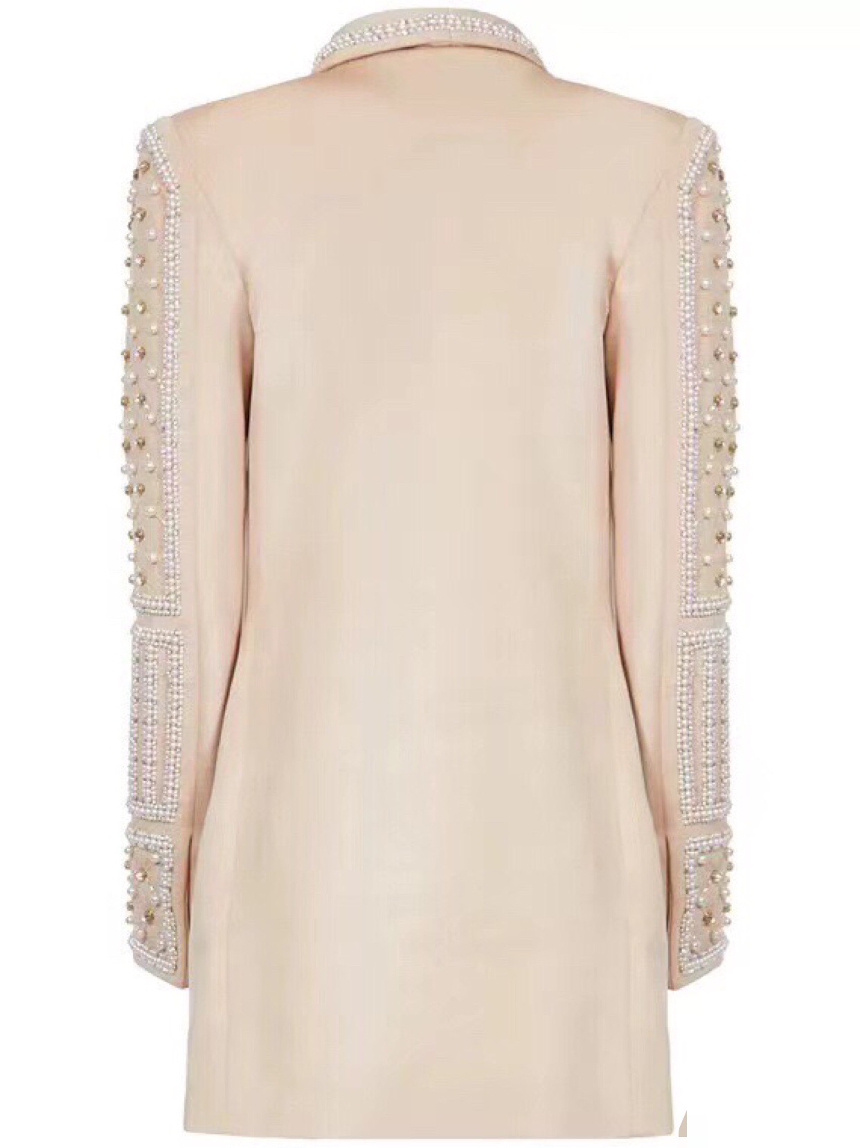 Жакет женский в стиле Balmain из плотной костюмной ткани бежевого цвета с ручной жемчужной вышивкой