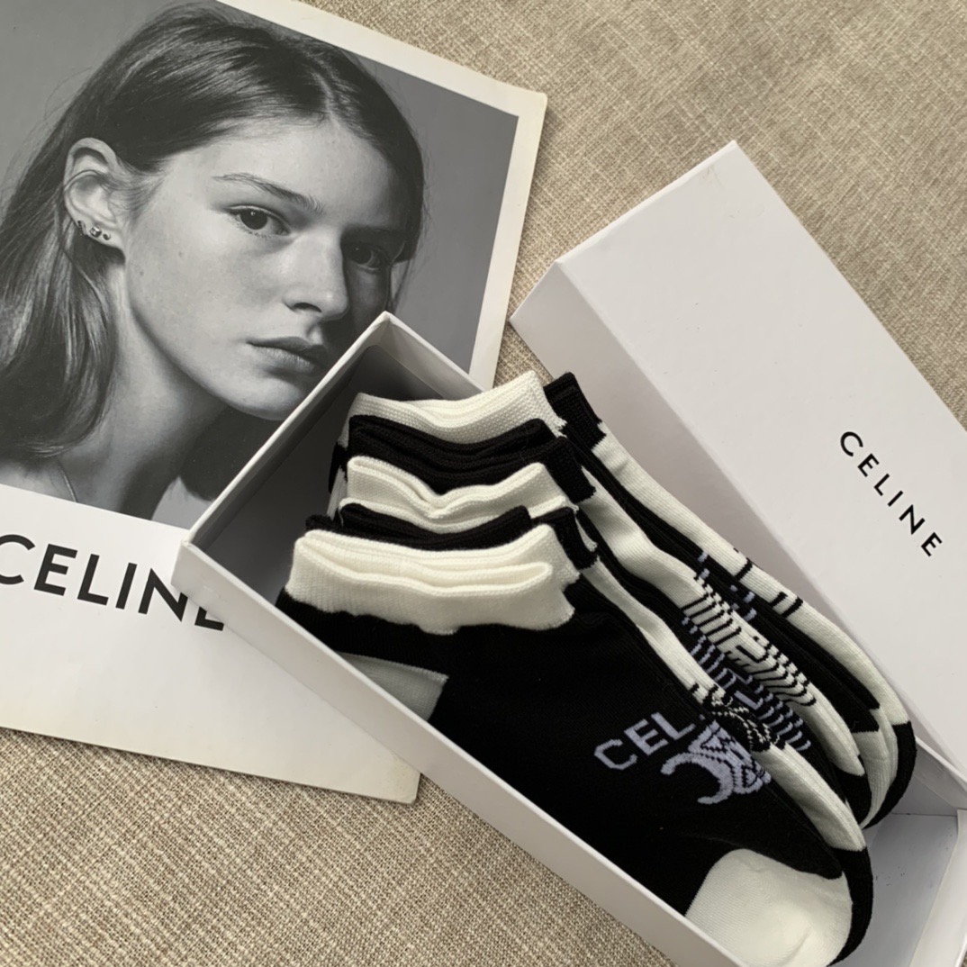 Носки женские в стиле Celine короткие хлопковые с логотипом (набор 6 пар)