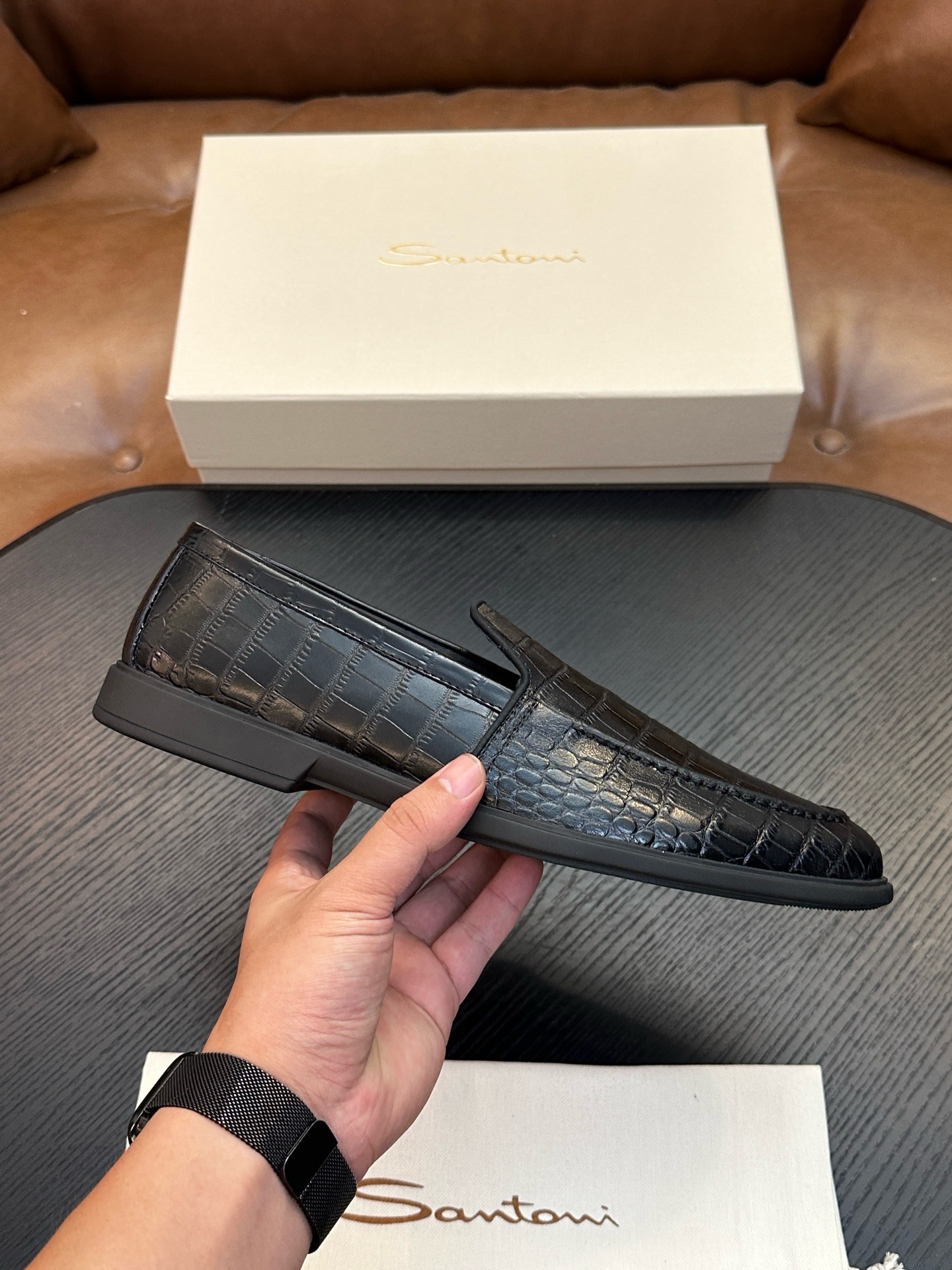 Лоферы мужские в стиле Santoni с тиснением чёрного цвета