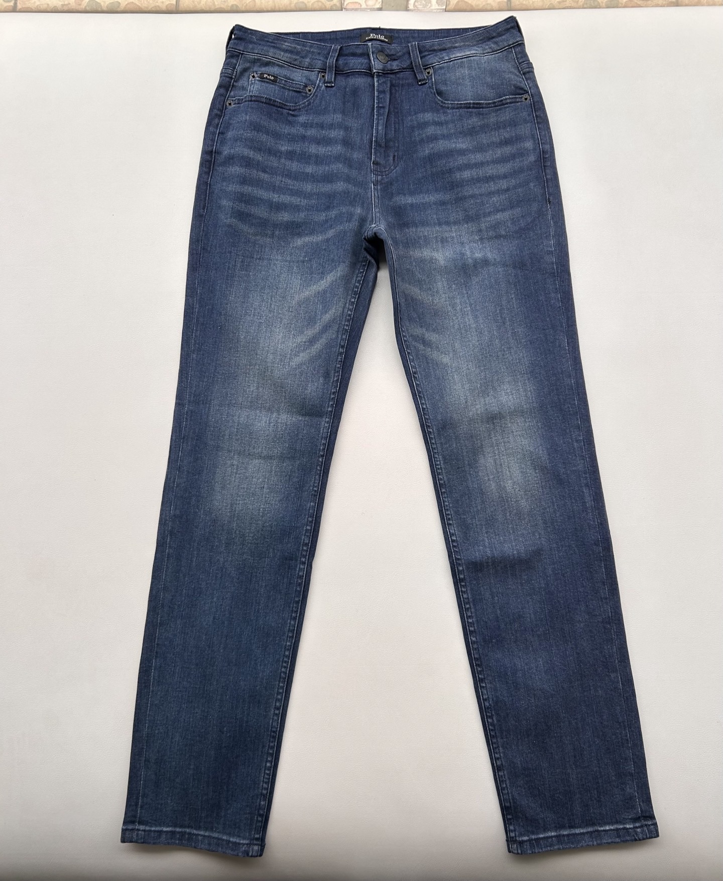 Джинсы мужские в стиле Ralph Lauren синего цвета зауженные с эффектом варки