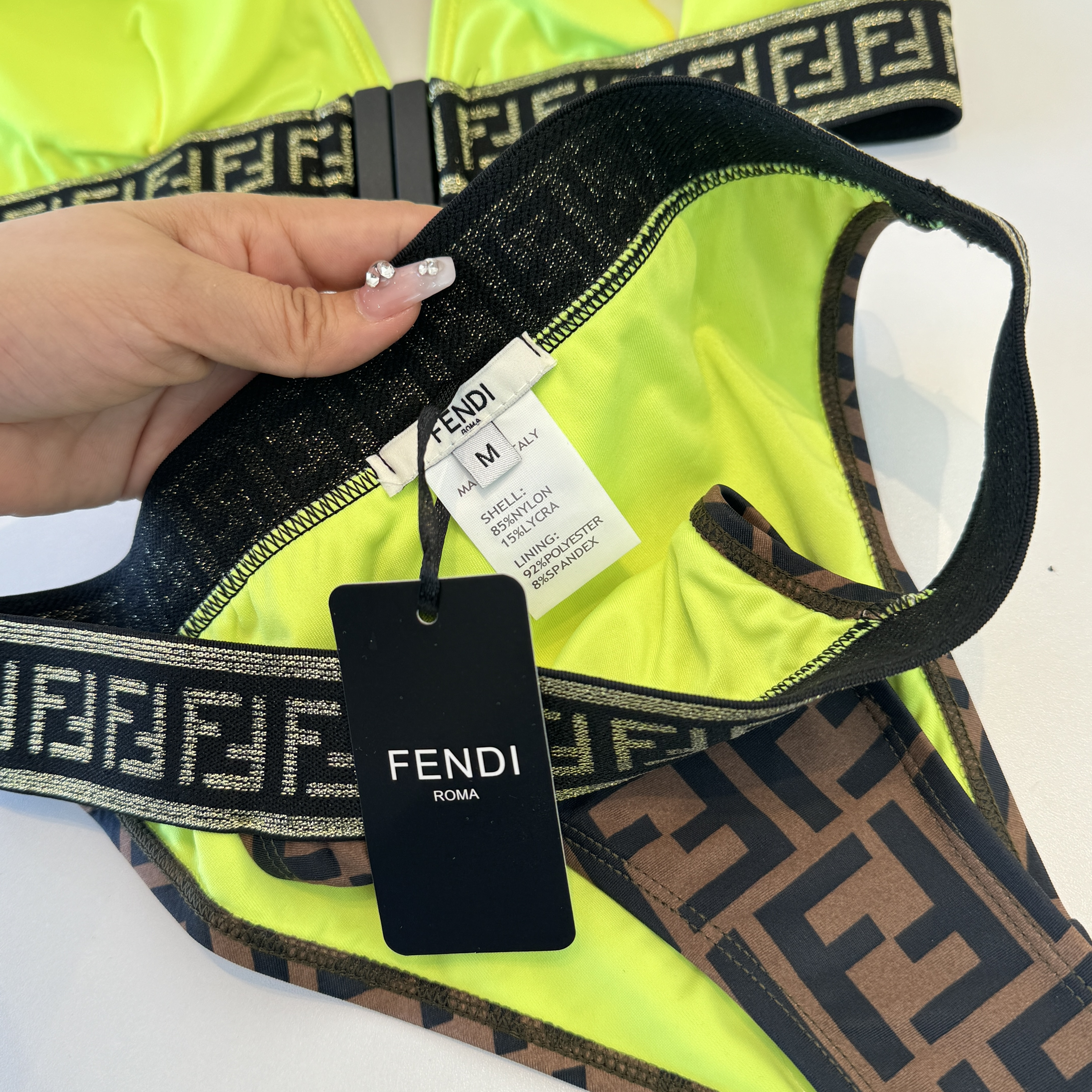 Купальник женский Fendi коричневого цвета с неоновыми вставками