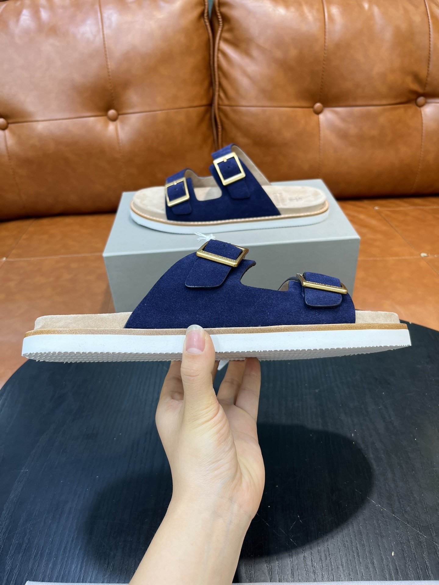 Сандалии мужские в стиле Brunello Cucinelli тёмно-синего цвета