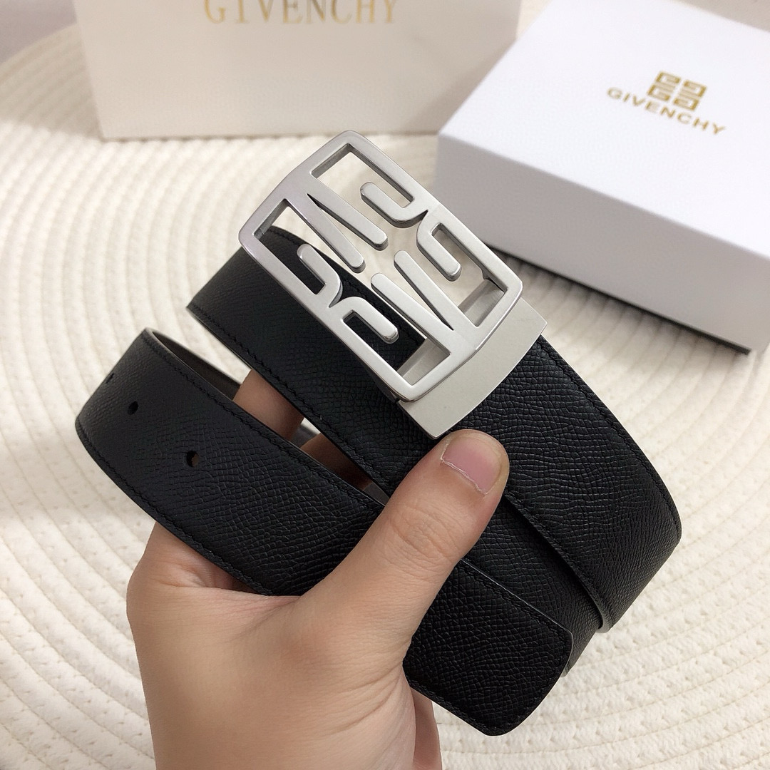 Ремень мужской двусторонний в стиле Givenchy 4G из натуральной кожи чёрного и коричневого цвета с серебристой пряжкой шириной 3.4 см