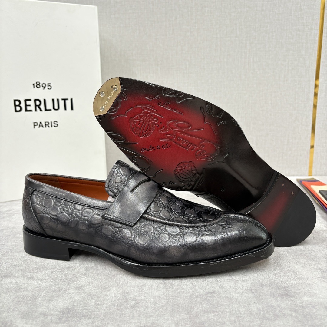 Лоферы мужские в стиле Berluti пенни из натуральной кожи серого цвета