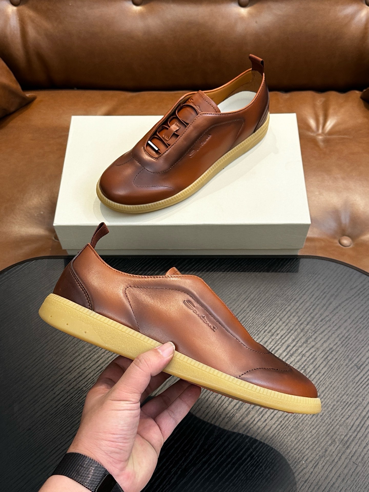 Кеды мужские в стиле Santoni из натуральной кожи коричневого цвета