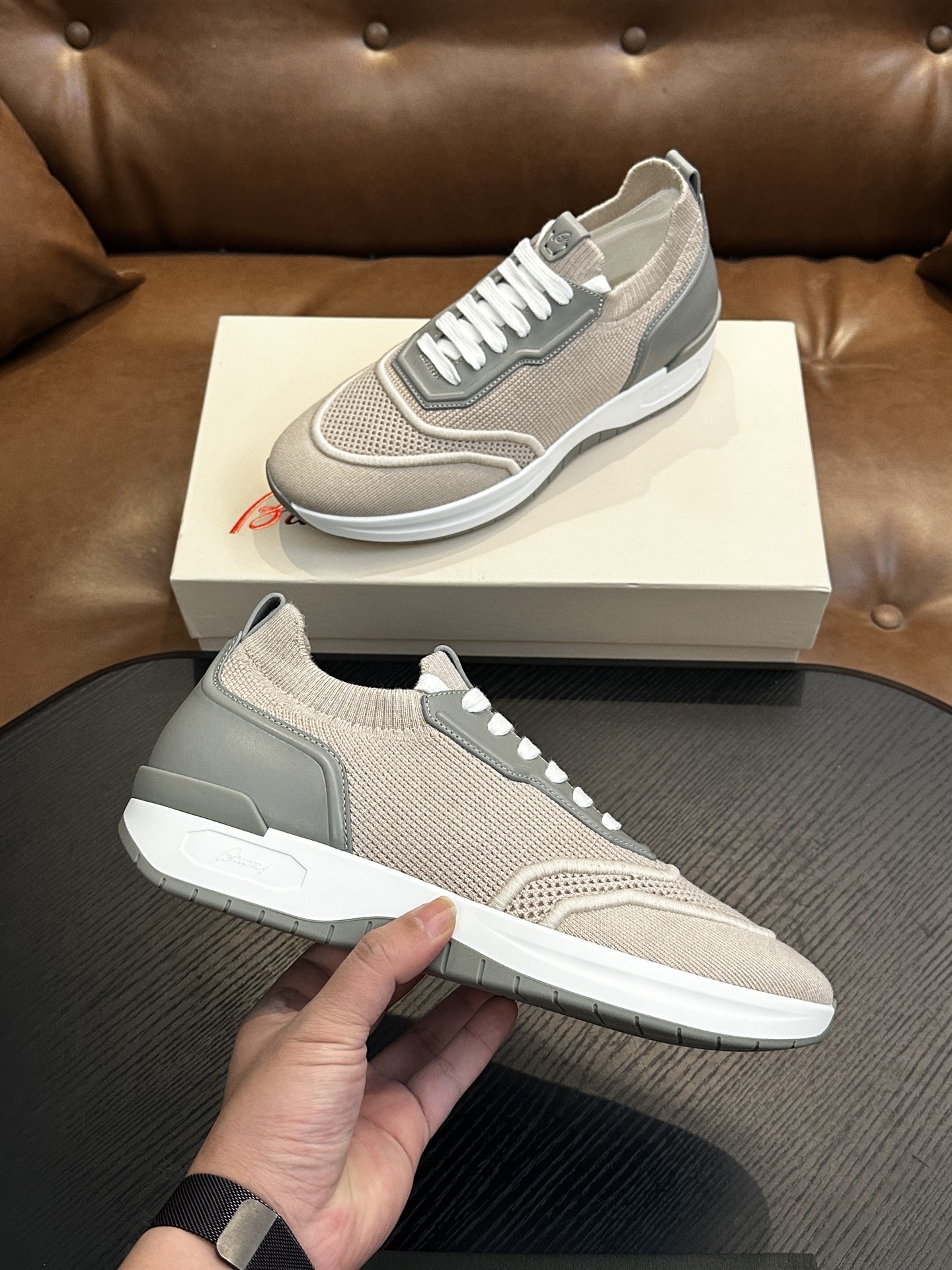 Кроссовки мужские в стиле Brioni бежево-серого цвета