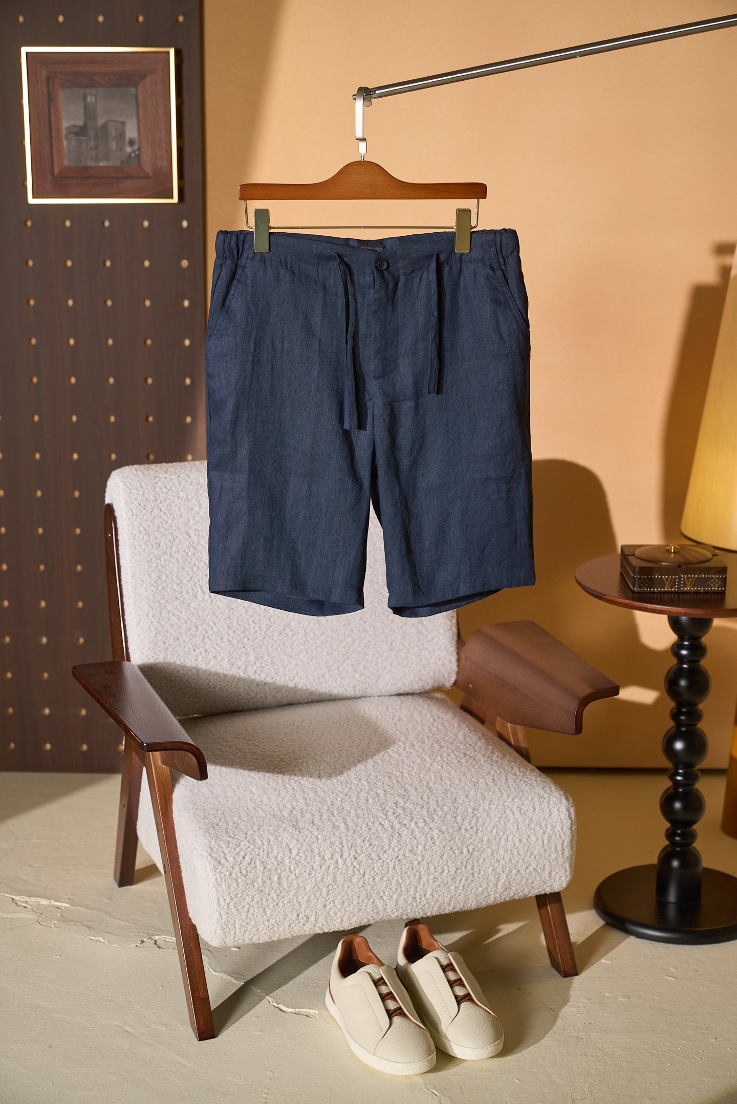 Шорты мужские в стиле Loro Piana Nolan Bermuda тёмно-синего цвета с кулиской
