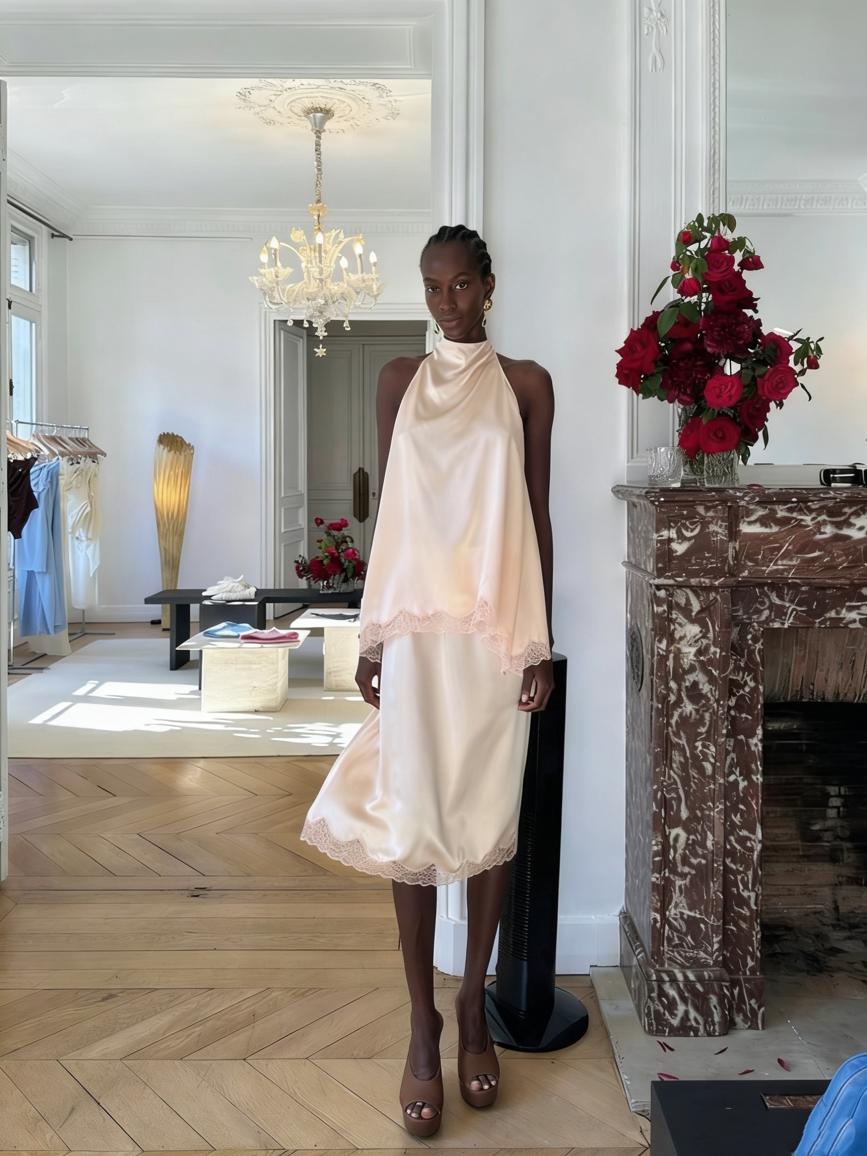 Юбка женская миди из вискозного текстиля персикового цвета с кружевной отделкой