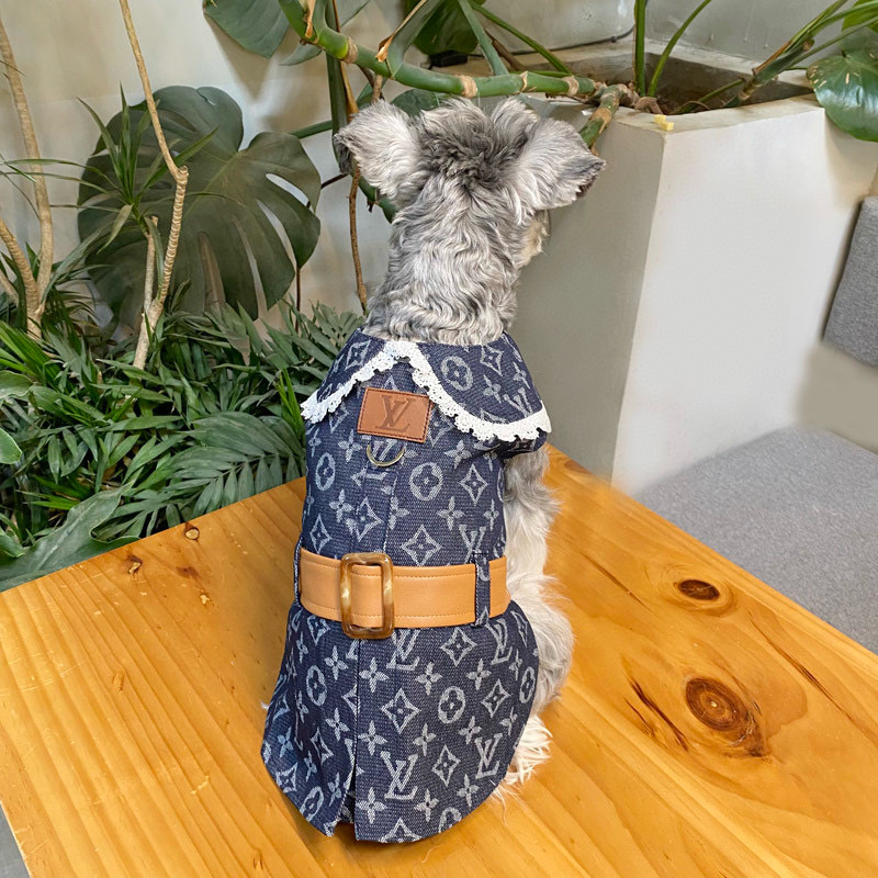 Жилет-платье для собак в стиле Louis Vuitton Denim Monogram с кружевным воротником