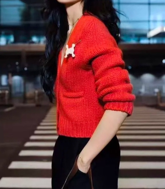 Кардиган женский в стиле Celine V-neck из шерсти красного цвета