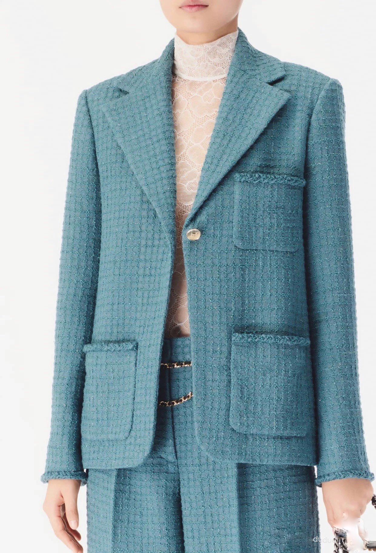 Брюки женские в стиле Chanel из фактурной ткани павлиньего зелёного цвета