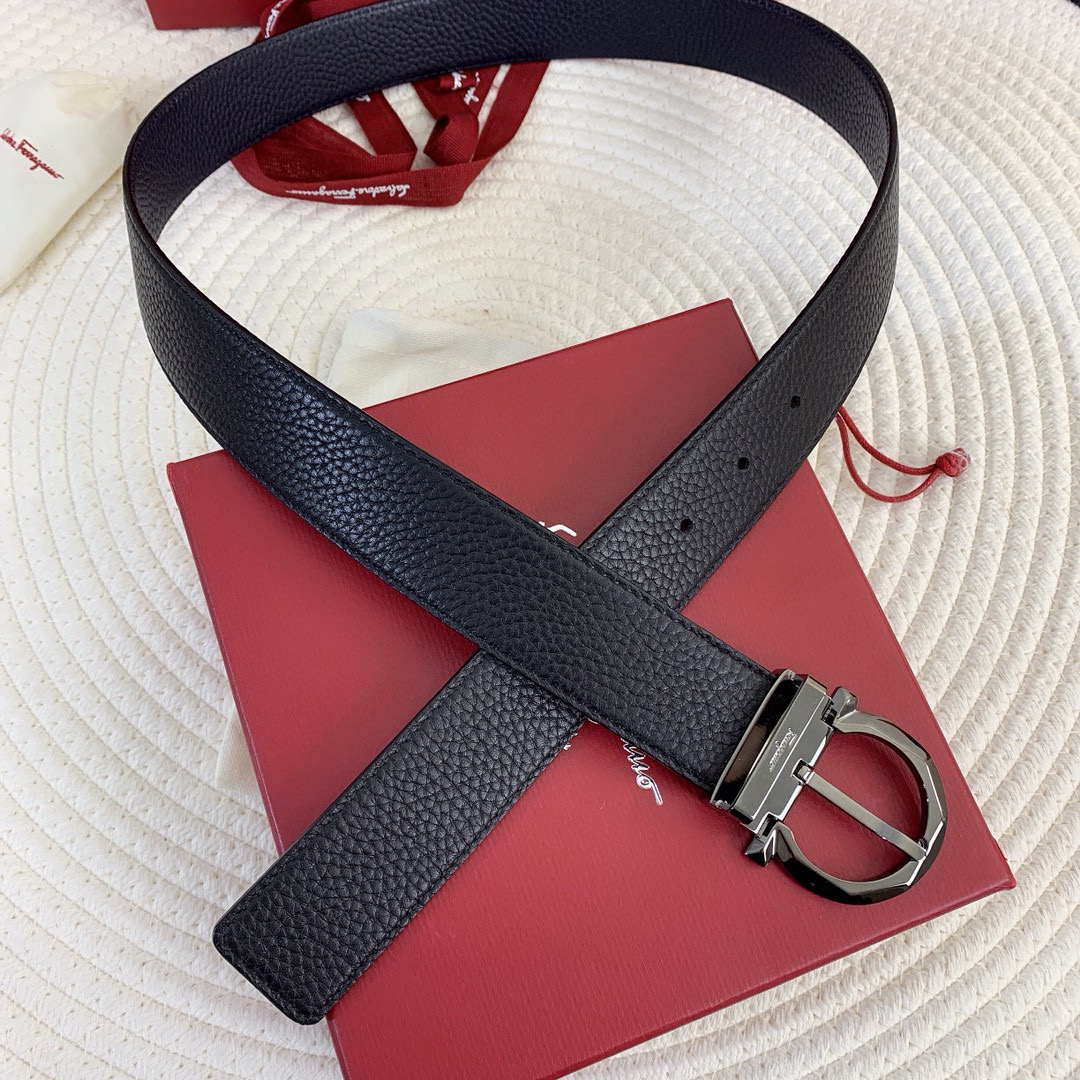 Ремень мужской в стиле Salvatore Ferragamo Gancini из натуральной кожи чёрного цвета с пряжкой тёмного металла шириной 3.5 см