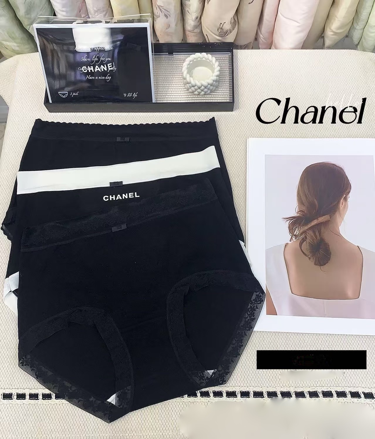 Трусы женские Chanel из хлопка и эластана в базовых цветах (набор 3 шт.)