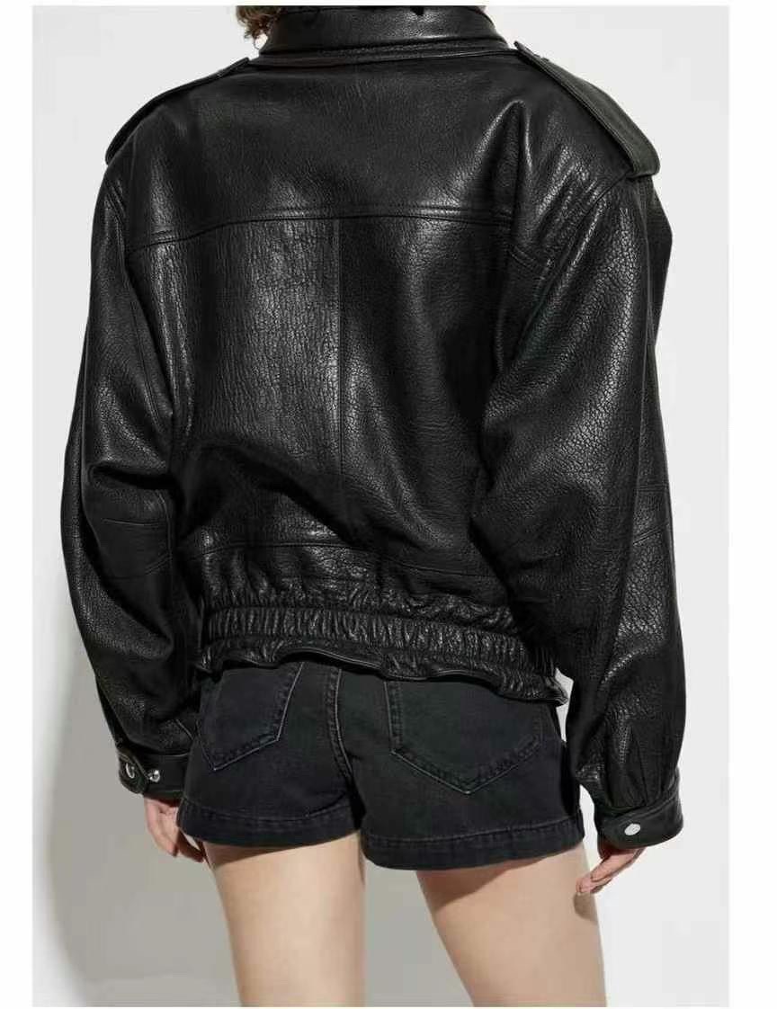 Куртка женская в стиле Alaïa из натуральной кожи чёрного цвета укороченная с акцентным поясом