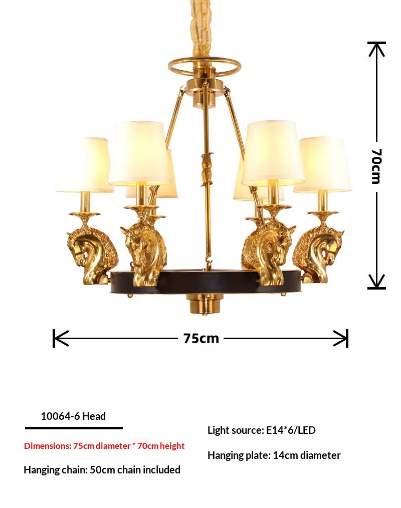Люстра потолочная из меди в дворцовом стиле с декоративной головой лошади