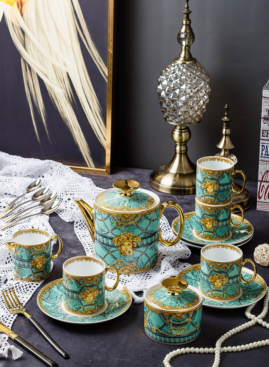 Кофейный сервиз в стиле Versace,  бирюзового цвета, 15 предметов