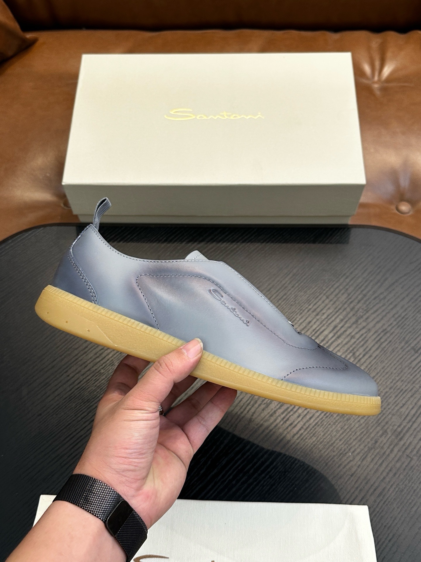 Кеды мужские в стиле Santoni из натуральной кожи серого цвета