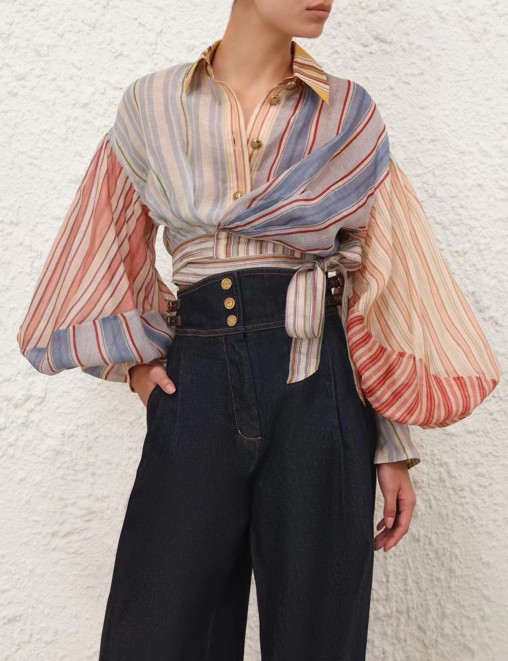 Платье женское в стиле Zimmermann  из льна и шёлка мультиколор в полоску с поясом