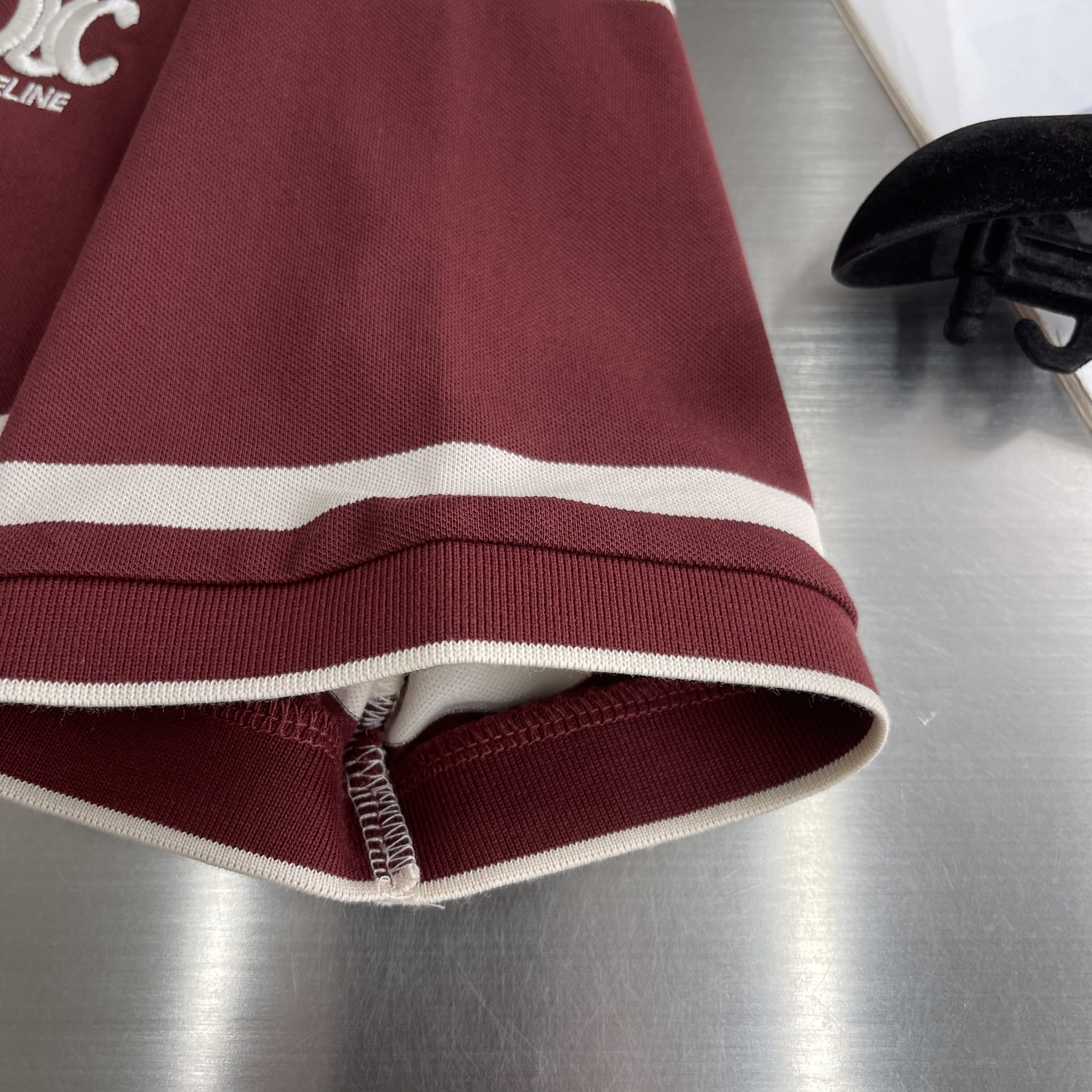 Поло мужское в стиле Celine из хлопка бежево-бордового цвета в полоску