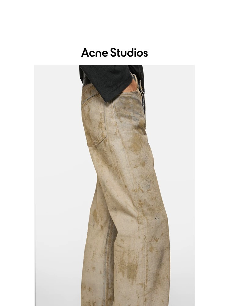 Джинсы мужские в стиле Acne Studios прямого кроя бежевого цвета с эффектом состаривания