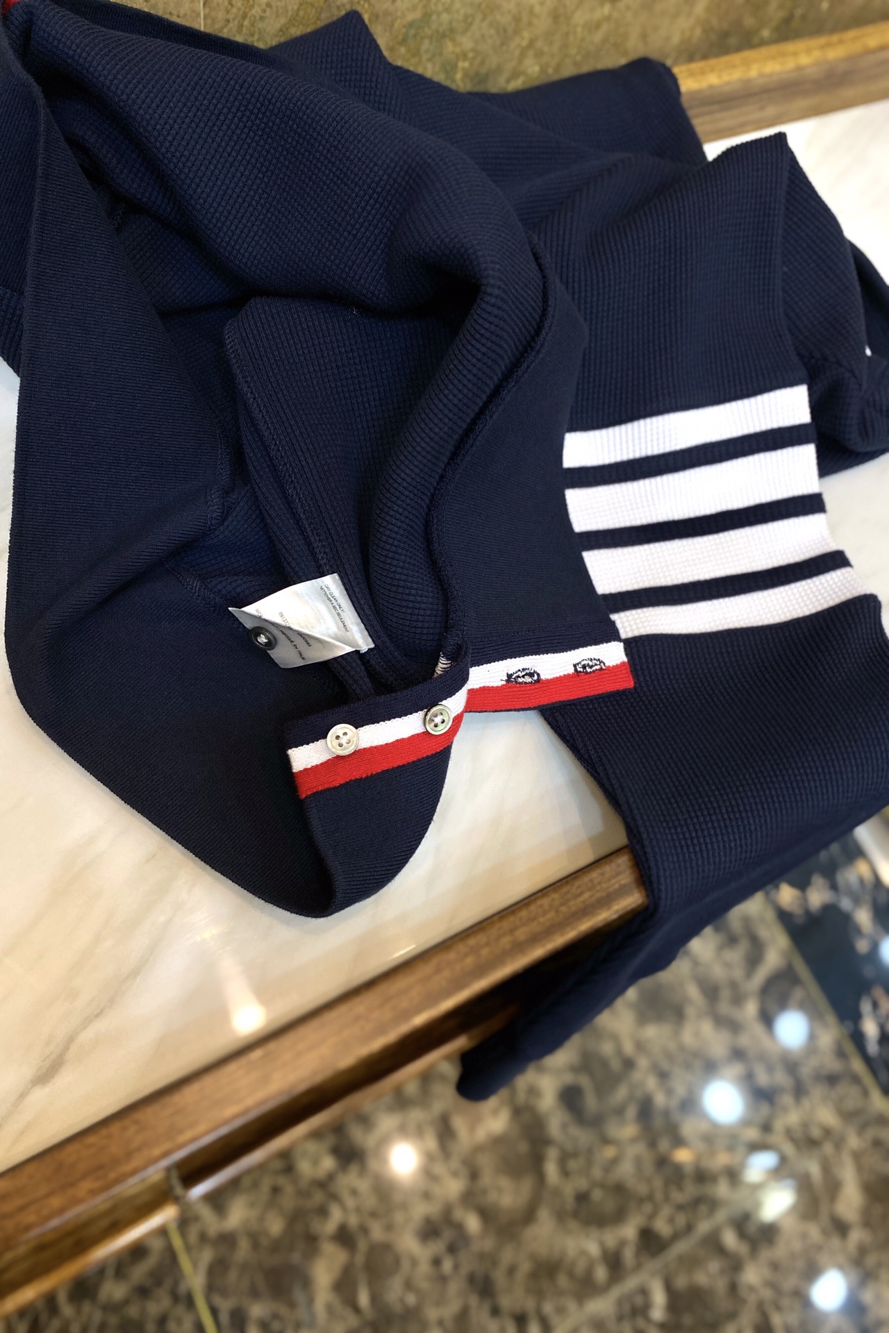 Костюм мужской в стиле Thom Browne спортивный тёмно-синего цвета (худи на молнии / свитшот + брюки)