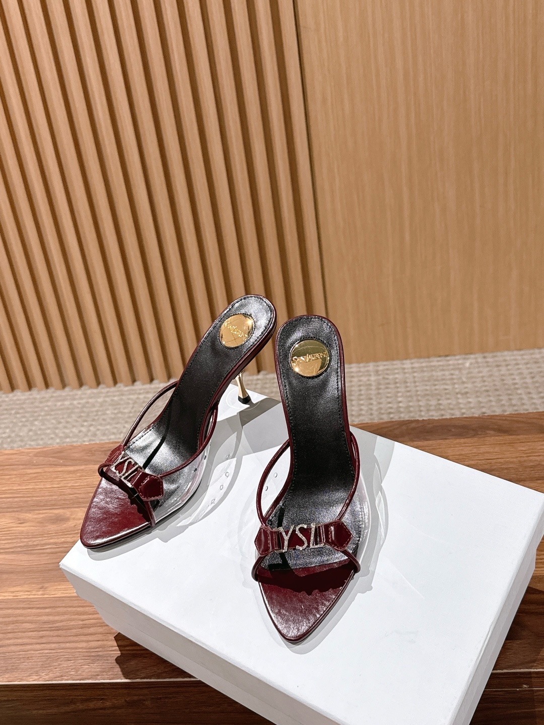 Мюли женские в стиле Saint Laurent YSL бордово-черного цвета