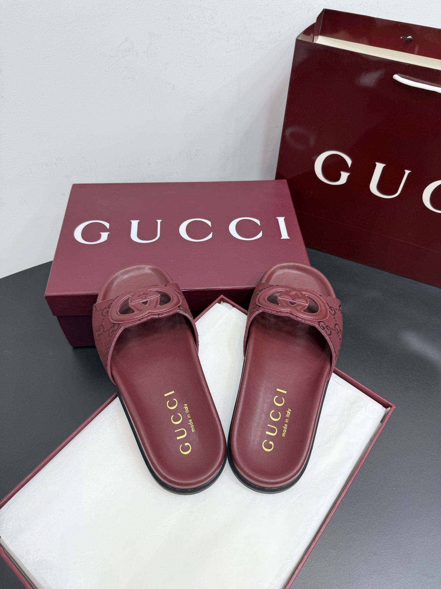 Мюли женские в стиле Gucci GG бордового цвета