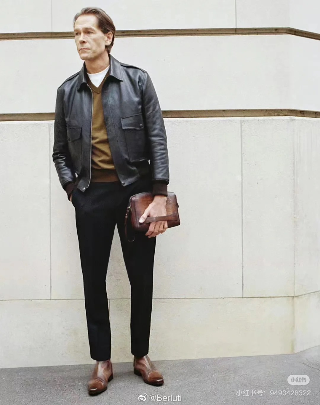 Куртка мужская в стиле Berluti из натуральной кожи тёмно-коричневого цвета классическая