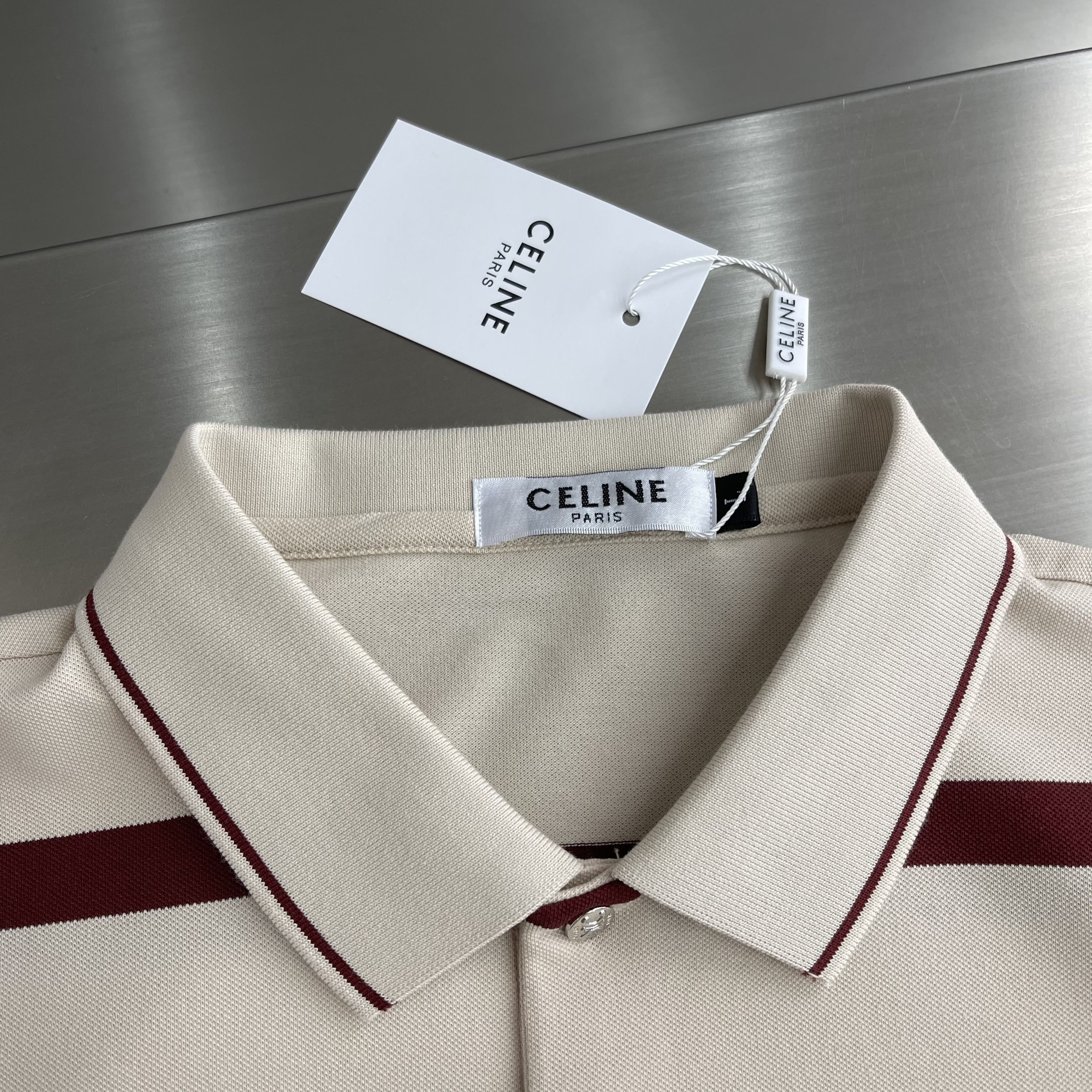 Поло мужское в стиле Celine из хлопка бежево-бордового цвета в полоску