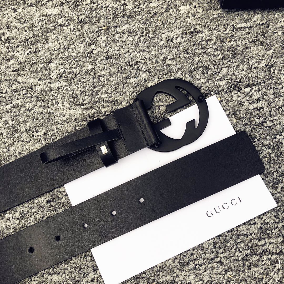 Ремень мужской в стиле Gucci из натуральной кожи чёрного цвета с пряжкой GG