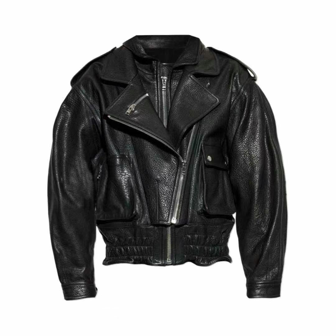 Куртка женская в стиле Alaïa из натуральной кожи чёрного цвета укороченная с акцентным поясом