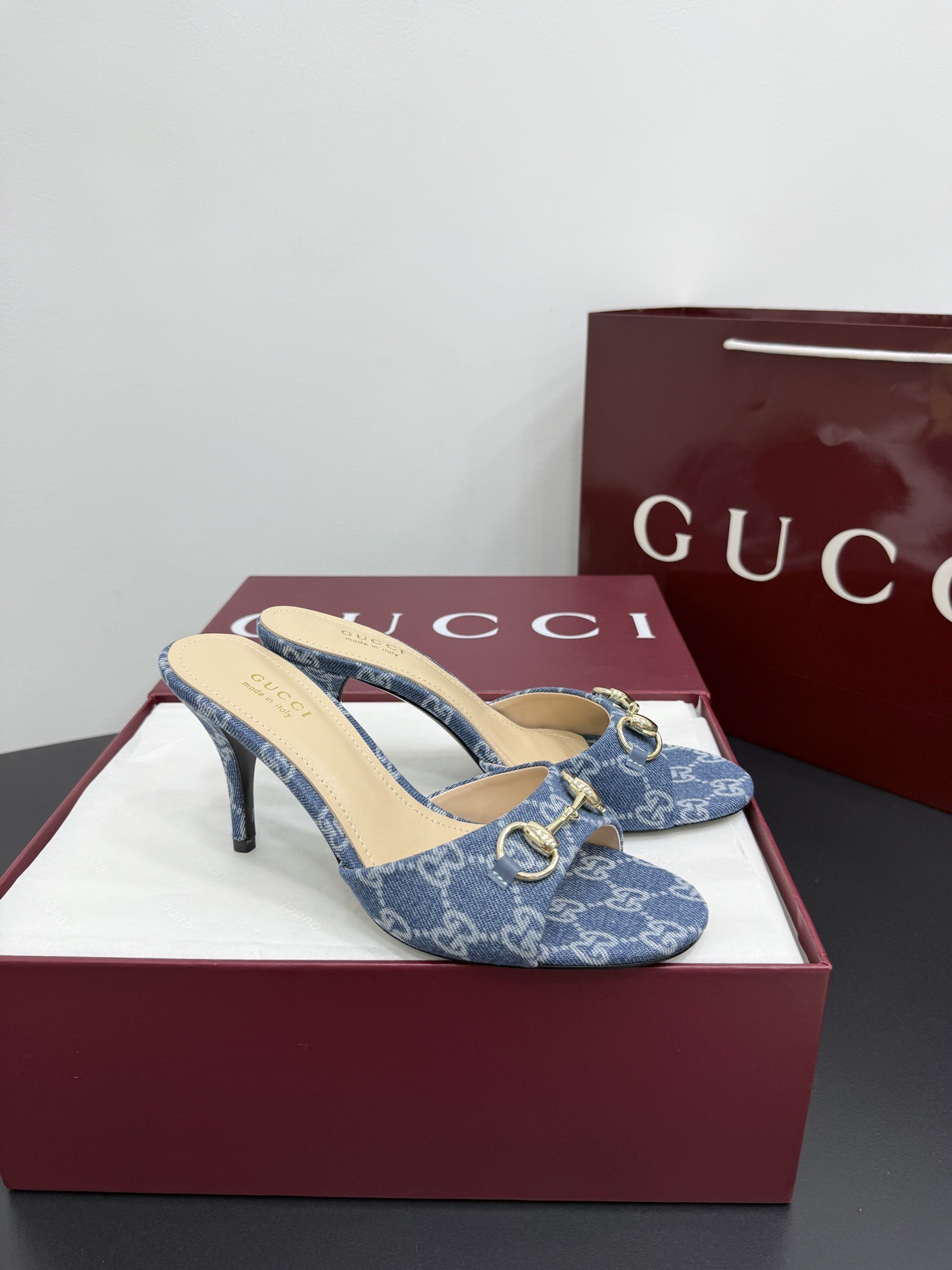 Мюли женские в стиле Gucci Horsebit синего цвета