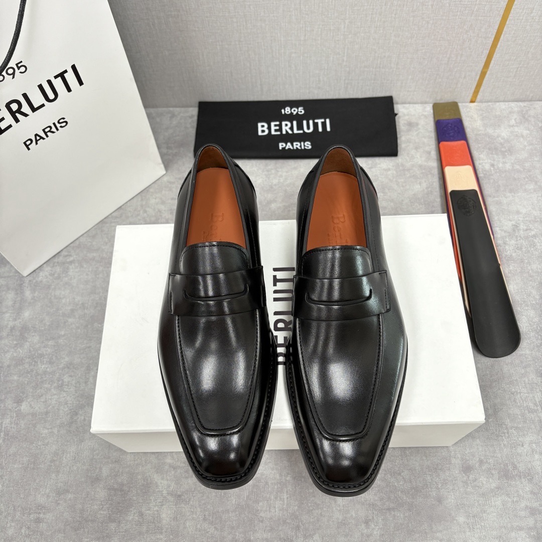 Лоферы мужские в стиле Berluti пенни из натуральной кожи черного цвета