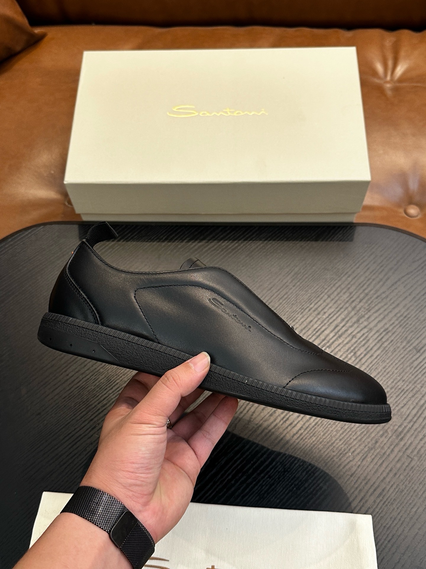 Кеды мужские в стиле Santoni из натуральной кожи черного цвета