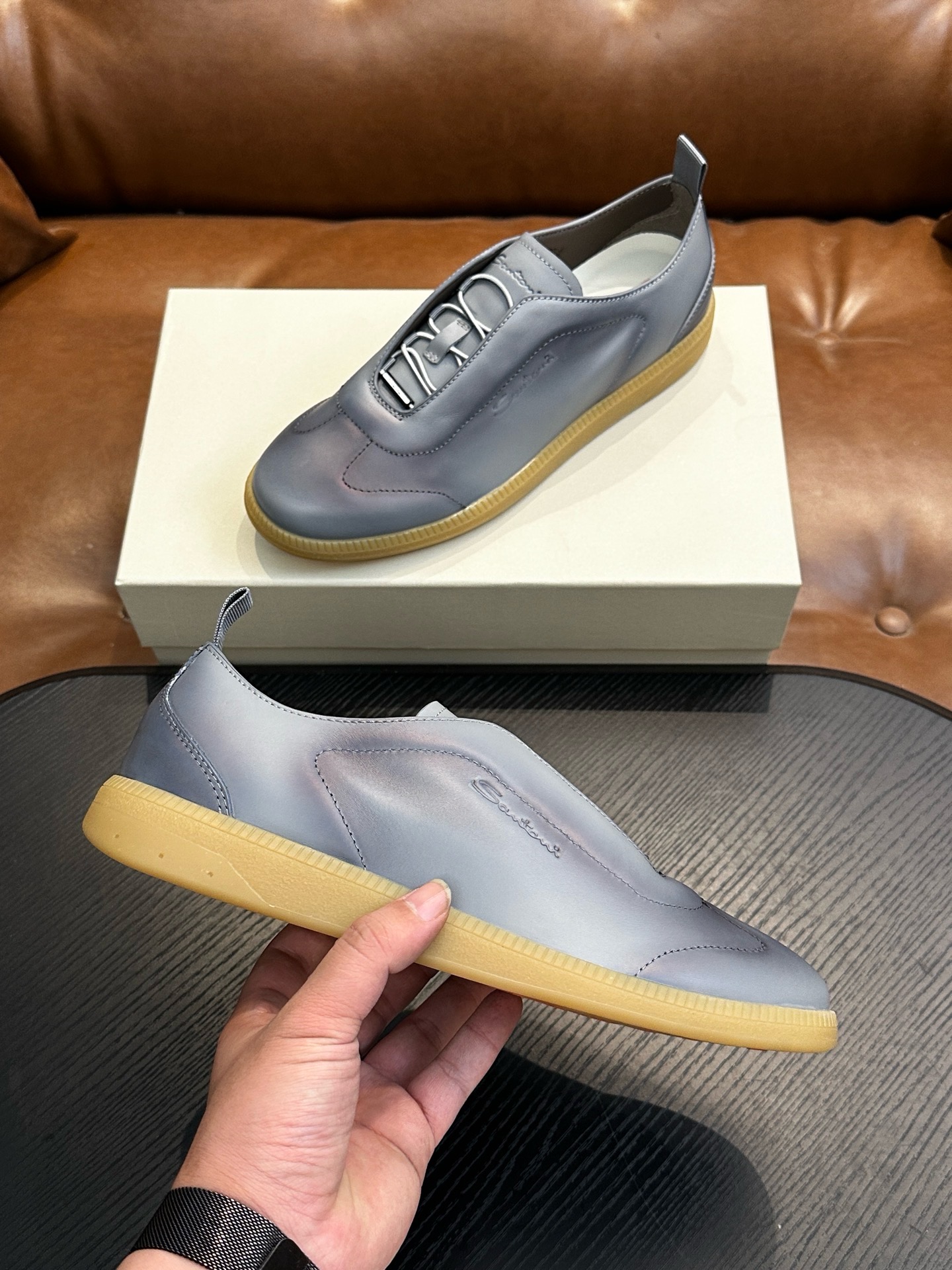 Кеды мужские в стиле Santoni из натуральной кожи серого цвета