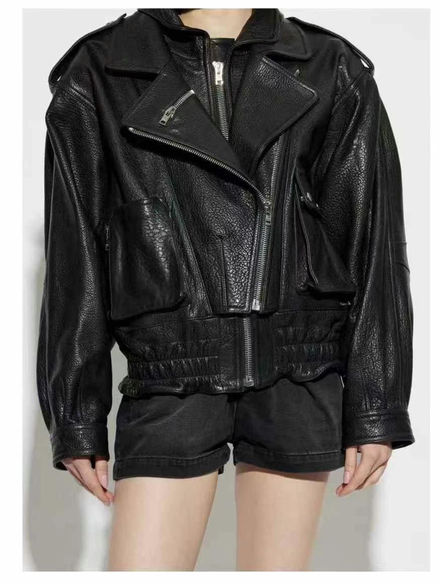 Куртка женская в стиле Alaïa из натуральной кожи чёрного цвета укороченная с акцентным поясом