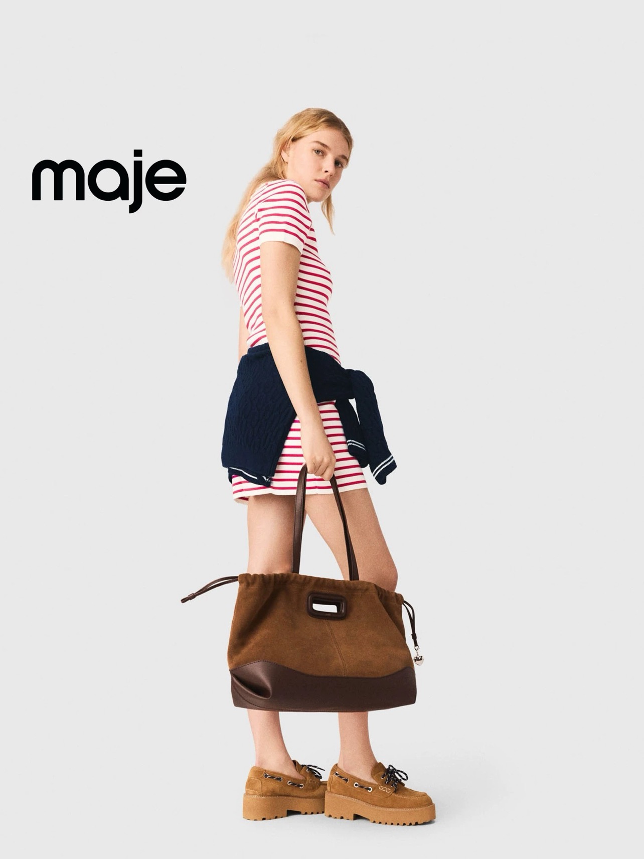 Платье женское в стиле Maje трикотажное в полоску с воротником polo красного цвета