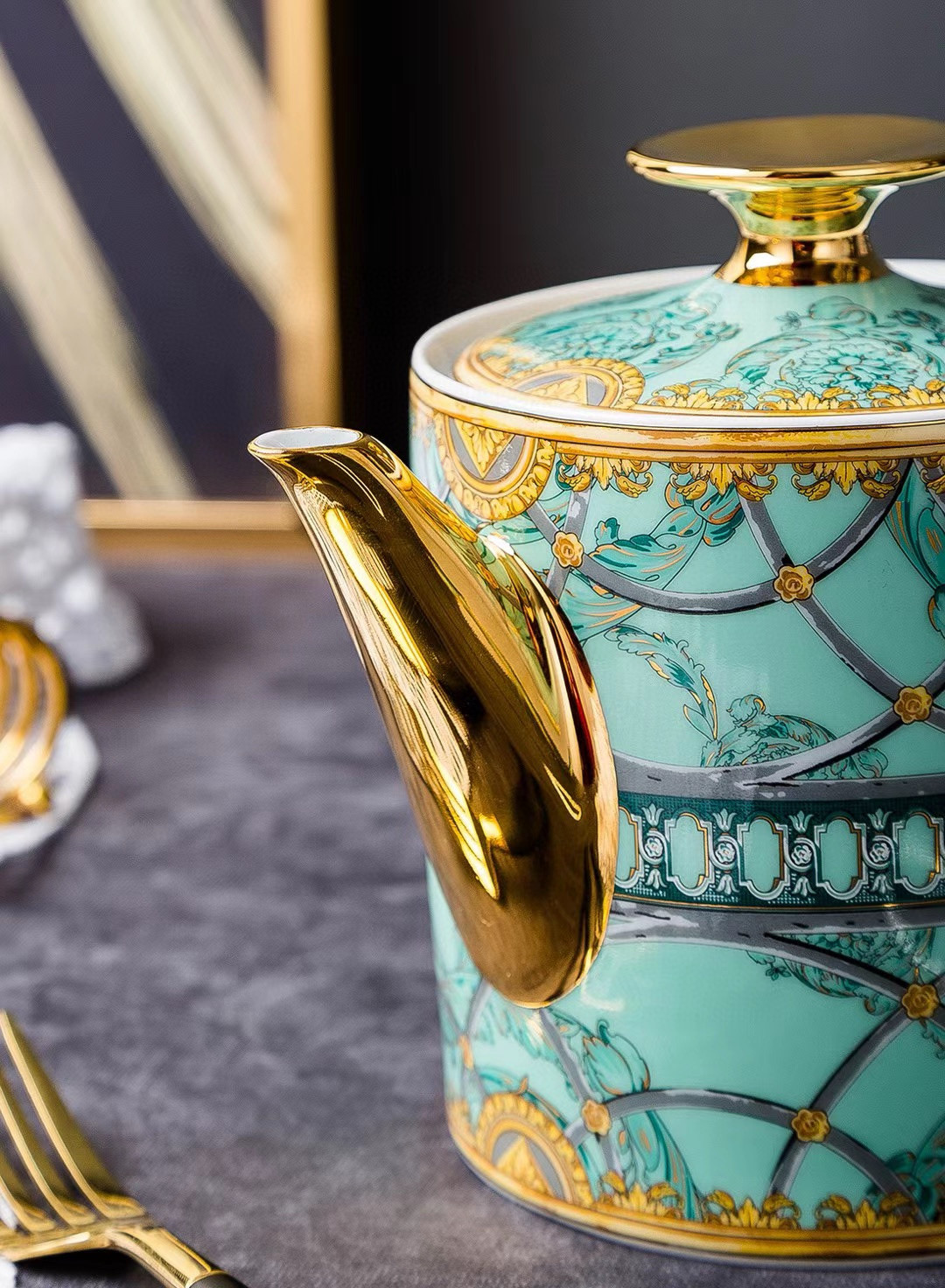 Кофейный сервиз в стиле Versace,  бирюзового цвета, 15 предметов