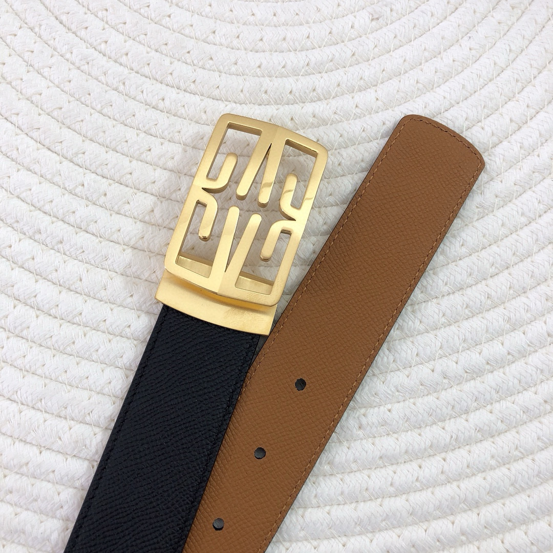 Ремень мужской в стиле Givenchy 4G из натуральной кожи чёрного и коричневого цвета с золотой пряжкой шириной 3.4 см