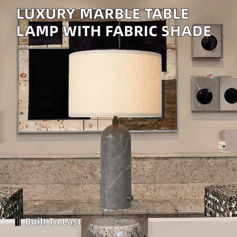 Лампа настольная из мрамора в современном стиле с тканевым абажуром